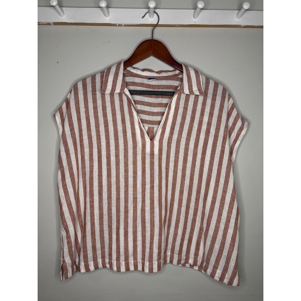Old Navy Linen Blend Striped Top Brown White Coastal Summer Vibes L